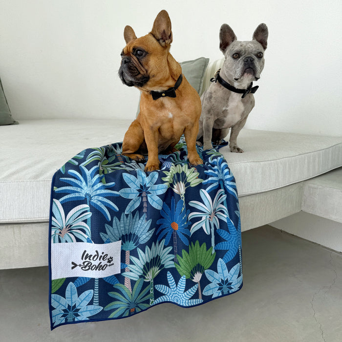 Prestige Palms bath and travel Dog Towel fur-free and quick-dry, designed in Australia. Two cute french bulldogs sitting by pool on towel.