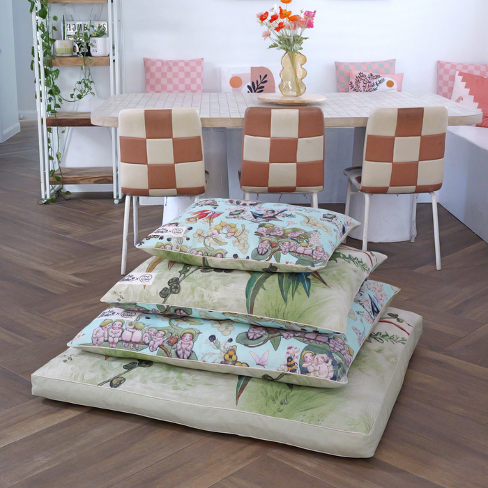 Bed stack of May Gibbs gumnut babies dog and cat beds showing medium dog bed large dog bed extra large dog bed xxl dog beds, australian linen blend pet beds