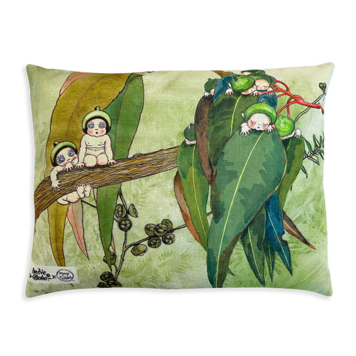 Large pet bed with May Gibbs gumnut babies design in earthy neutral green tones, linen washable swappable dog bed and dog bed cover