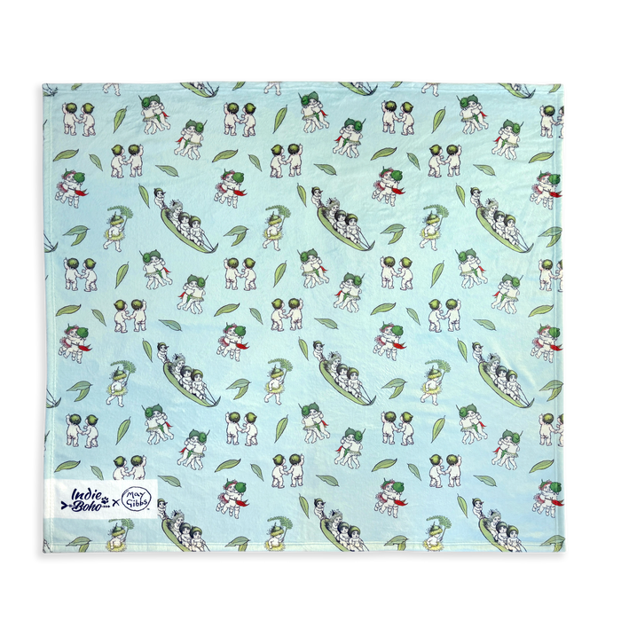 Large May Gibbs dog cat and pet blanket with a soft sky blue gumnut babies design