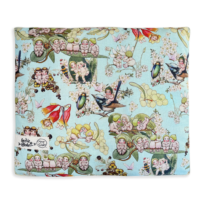 flat image of huge extra extra large XXL pet bed and dog bed showing may gibbs sky blue gumnut babies and bush babies design, linen blend dog bed australia