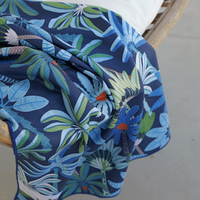 Close up of dog towel fur-free with Prestige Palms design by Australian artist Jocelyn Proust.