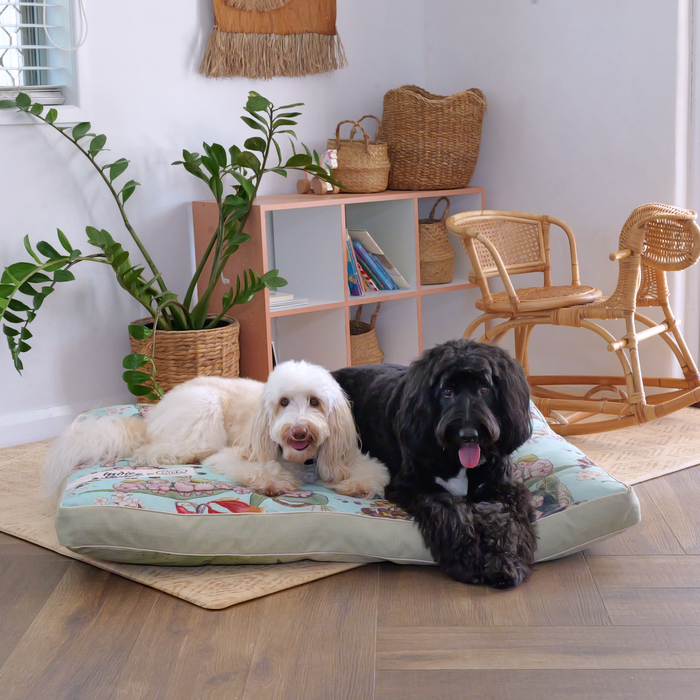 two bordoodles happily sitting on an XXL extra extra large dog pet bed huge bed with gumnut babies may gibbs design in greens and blues, in a kids play room. washable bed covers australian swappable dog and cat bed