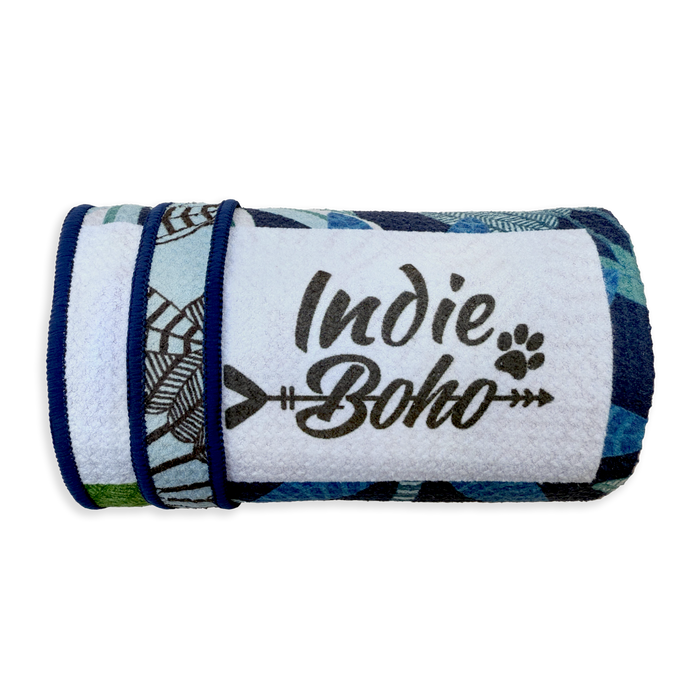 Rolled up Indie Boho dog towel, large size but compact