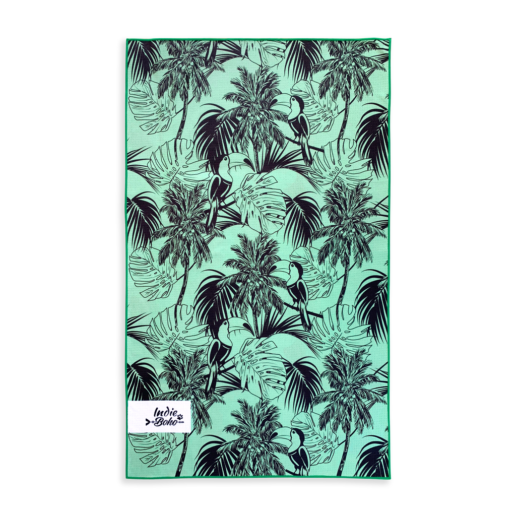 dog beach towel in tropical leaves toucans