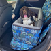 Dog car seat installed safe in car with cocker spaniel lying down with seat belt on.