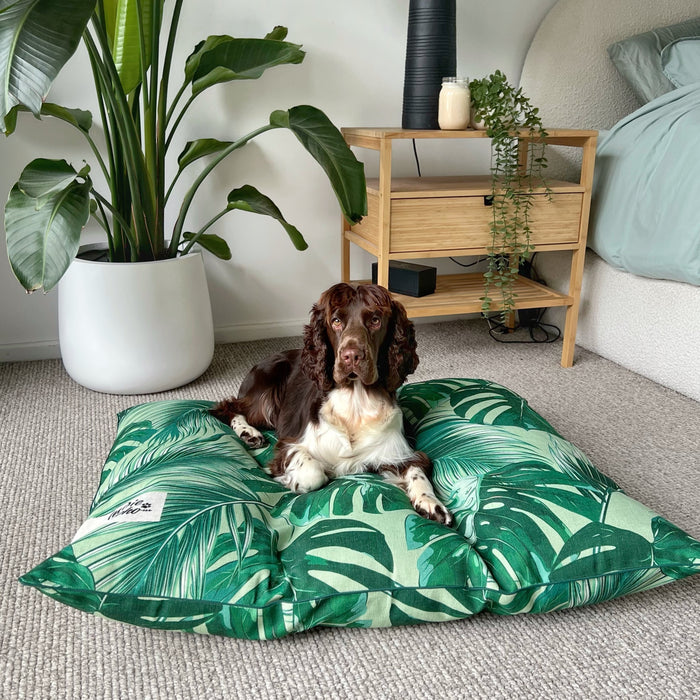 Cocker spaniel on extra large palm leaves linen dog bed