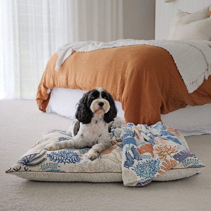 Matching Coral Cove dog bed and plush designer dog blanket. Pet homewares and travel accessories Australia