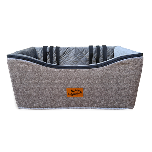 A double size dog car seat for two small dogs that boosts them to window height for maximum safety. The design is a grey woven texture. 
