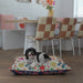 Cute Cavoodle lying on a dog bed with a colourful Australian flowers garden design. Native Flora Large Dog bed