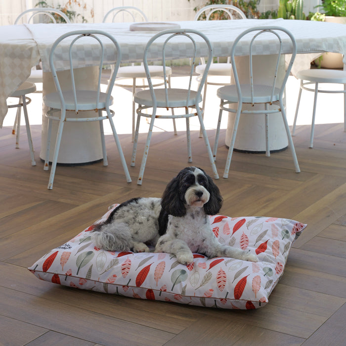 Cute cavoodle lying on an Australian dog bed pillow that is water-resistant outdoor dog bed in a pretty feather design
