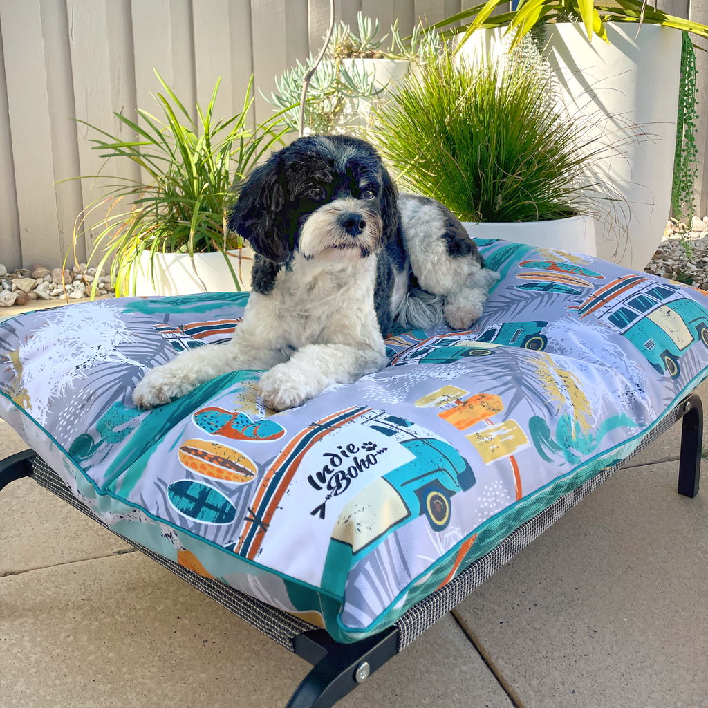 Outdoor water resistant dog bed for trampoline