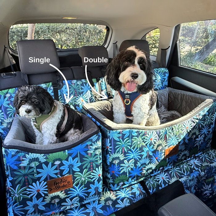 Two dogs in tropical patterned pet car seats labeled 'Single' and 'Double' inside a vehicle.