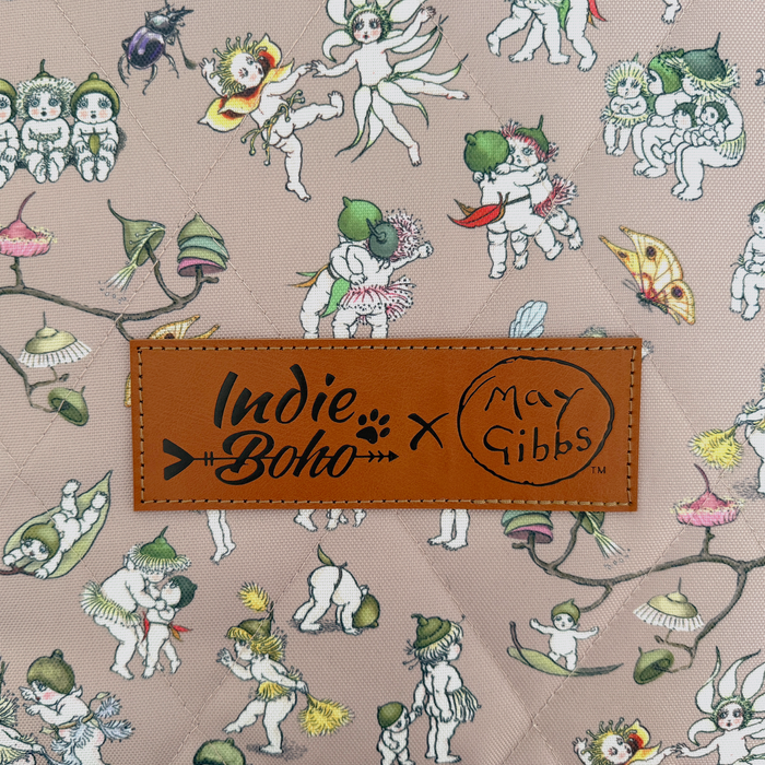 May Gibbs x Indie Boho collaboration Gumnut babies pattern car booster seat for small dogs Australia designed