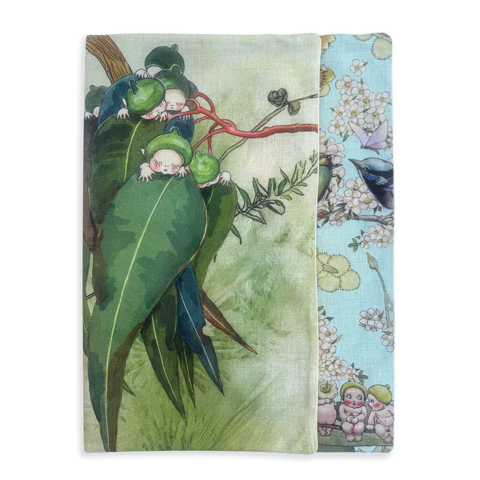 Addition pet bed cover in May Gibbs Gumnut Babies design, dog cat and pet bed cover with a reversible washable design in earthy tones and sky blue bushland creatures