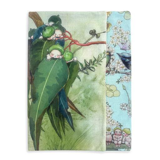 Reversible and washable additional covers for a dog cat and pet bed showing May Gibbs gumnut babies design in earthy tones and sky blue bushland creatures