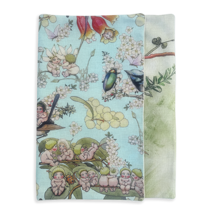 Washable dog cat and pet bed cover showing gumnut babies design in earthy tones and sky blue bushland creates snugglepot and cuddlepie