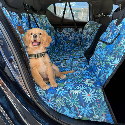 Golden Retriever puppy with waterproof, quality, padded dog hammock 2-in-1 system car seat cover designed in Australia