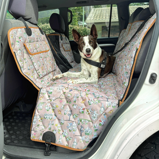 Best dog hammock car seat cover Australia for protecting your car seats from fur dirt and sand. Durable, water-resistant and padded design with May Gibbs Gumnut babies print
